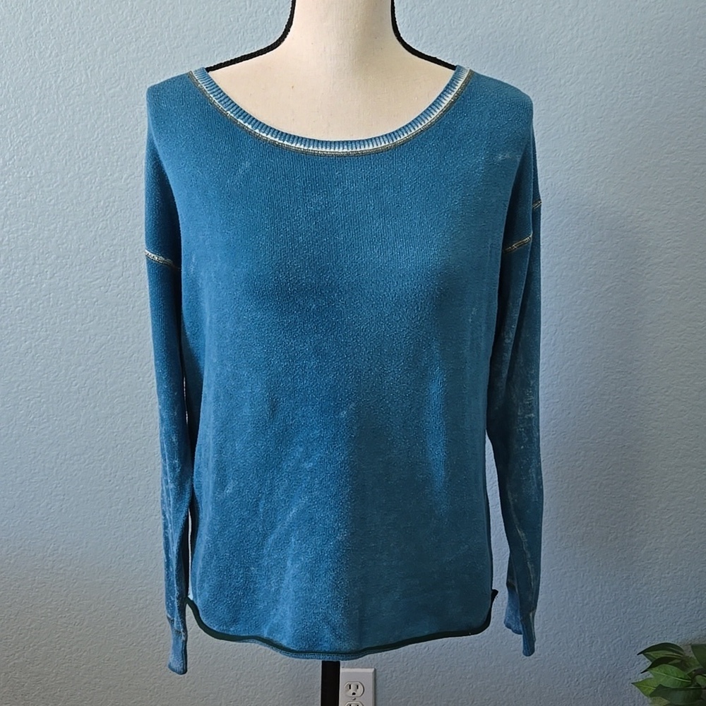 SUNDANCE Long Sleeve Crew Neck Pullover Distressed Blue Green Raw Edge Medium